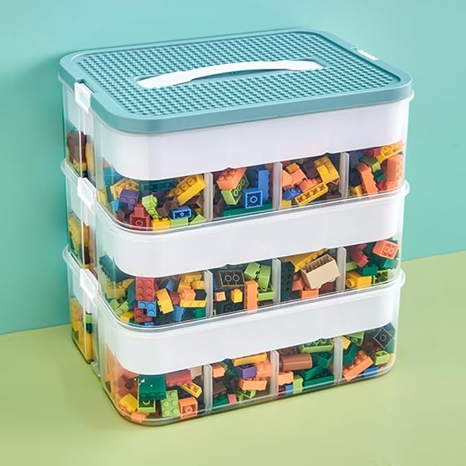 Toys Organizer Storage Case for Lego Box Kids Toy Stackable Building Blocks with Lids Bins Adjustable Lego Storage Containers Plastic Toy Box 3 Layer (Green)-Ruum Studio Home