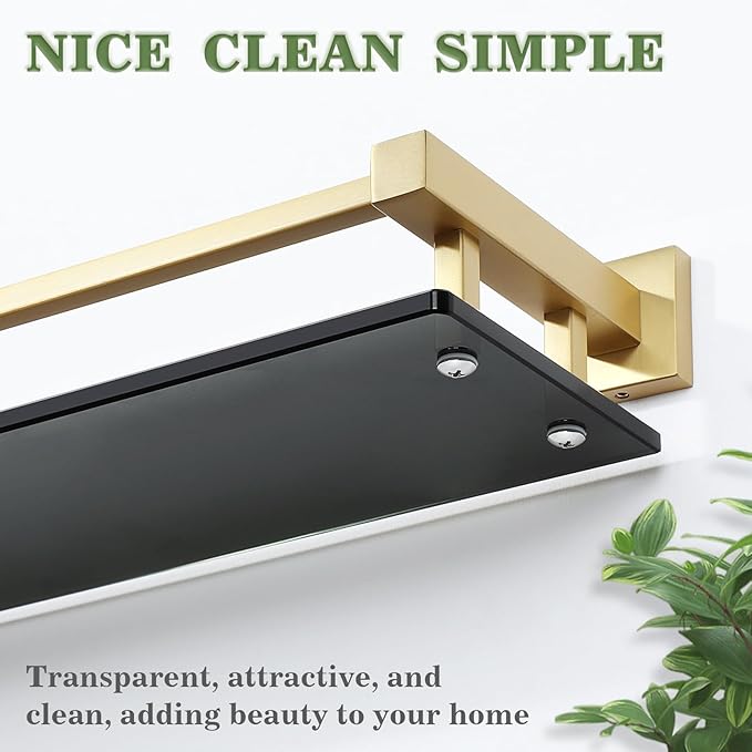 Alise Bathroom Glass Shelf with Stainless Steel Railing, Gold Small Tempered Glass Floating Wall Shelf Over The Toilet, 16 inch-Ruum Studio Home
