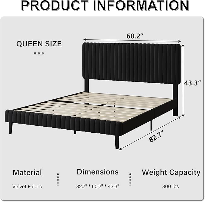 Queen Bed Frame, Velvet Upholstered Platform Bed with Vertical Channel Tufted Headboard, No Box Spring Required, Easy Assembly, Black-Ruum Studio Home