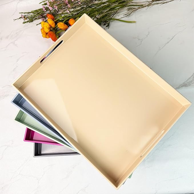 Beige Decorative Tray, Rectangular Large Serving Tray with Handles, Plastic Coffee Table Tray for Ottoman, Living Room, Kitchen Tabletop, 15.7” x 11.8” x1.6”-Ruum Studio Home