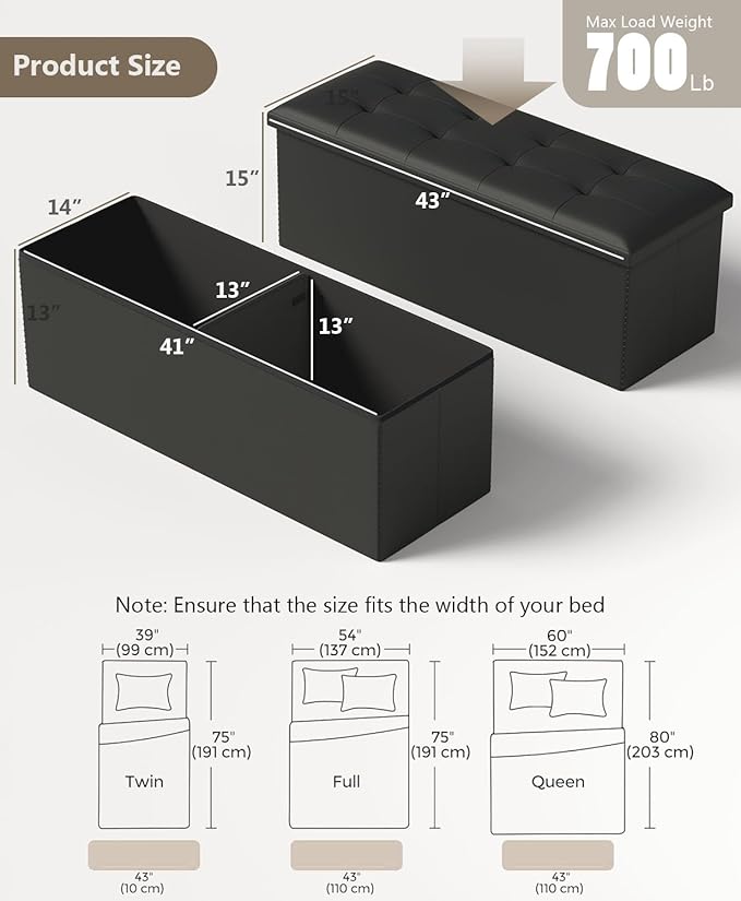 Storage Ottoman Bench, Folding Ottoman Foot Rest, 15 x 43 x 15 Inches, End of Bed Bench,Storage Chest, for Living Room, Bedroom, Hallway, Entryway, Holds up to 700 lb,Black-Ruum Studio Home
