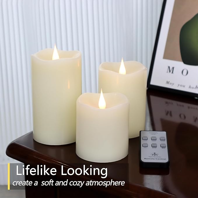 Flameless Candles Battery Operated with Remote Timer, 3D Moving Flame Flickering, Last 600+ Hours Battery Candles, Set of 3 Ivory Real Wax Electric LED Candle for Wedding Party Decor-Ruum Studio Home