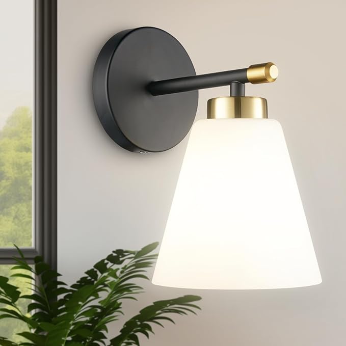 Hamilyeah Black and Gold Wall Sconces Set of 2, Modern Industrial Bathroom Sconces Wall Lighting with Milk Glass Shade, Wall Sconce Lighting Fixture for Living Room, Kitchen, Fireplace, Hallway-Ruum Studio Home