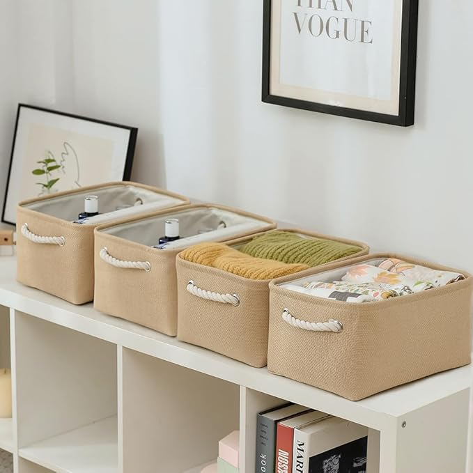 Organization and Storage Basket for Gifts Empty - 16x12x8 inch Large 4 Pack Fabric Storage Cube Collapsible Baskets for Shelves with Handles, Storage Box for Cloth Books Laundry Canvas(Beige)-Ruum Studio Home