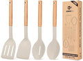 Pack of 4 Silicone Cooking Utensils Set, Non Stick Solid Spatulas and Heat Resistant Slotted Spoons with Wooden Handle, Ideal Wood Kitchen Utensils Set for Frying,Serving,Turning,Stirring (KHAKI)-Ruum Studio Home