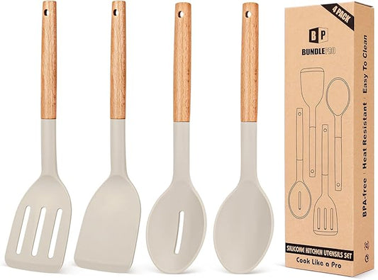 Pack of 4 Silicone Cooking Utensils Set, Non Stick Solid Spatulas and Heat Resistant Slotted Spoons with Wooden Handle, Ideal Wood Kitchen Utensils Set for Frying,Serving,Turning,Stirring (KHAKI)-Ruum Studio Home