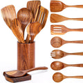 9 Piece Natural Teak Wooden Kitchen Utensil Set with Spoon Rest - Comfort Grip Cooking Spoons and Utensils Holder-Ruum Studio Home