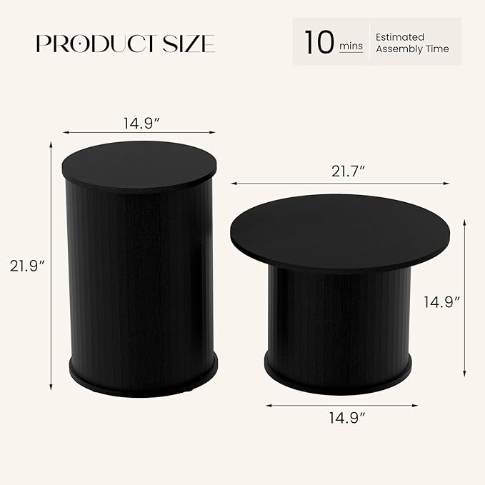 Set of 2 Round Nesting Coffee Tables for Living Room, Fluted Circle Black Wood Coffee and End Table Sets for Apartment, Small Spaces, Bedroom, Modern Style, Easy Assembly & Maintenance-Ruum Studio Home