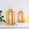 DECORKEY Fall Christmas Golden Decorations for Home, 17''&13'' Metal Candle Lanterns Decorative Outdoor&Indoor, Modern Hanging/Tabletop Candle Holders for Porch Patio Wedding Decor-Ruum Studio Home