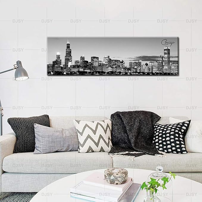 DJSYLIFE Chicago Skyline Wall Art - Black and White Modern Panoramic Cityscape Night View Picture Painting Bedroom Office Living Room Kitchen Home Decoration - Ready to Hang 13.8 "x 47.3" - Chicago 2-Ruum Studio Home