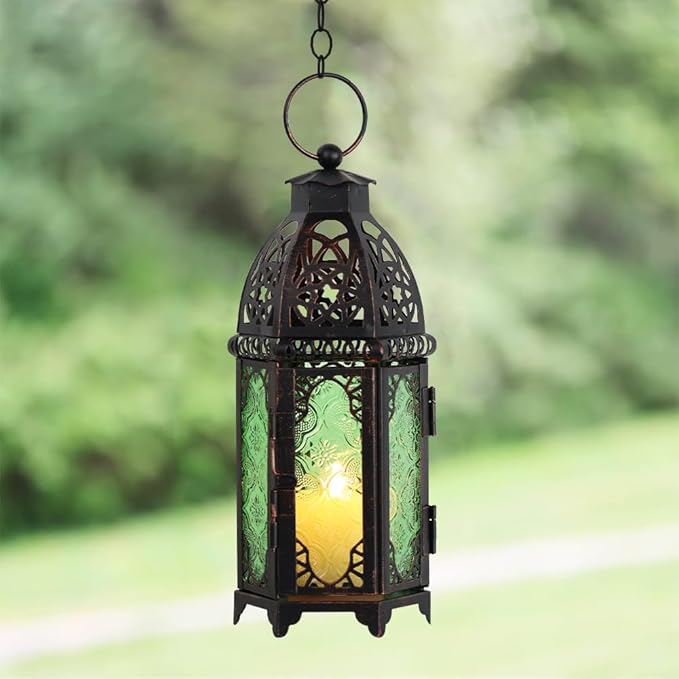 NEEDOMO Hanging Moroccan Lantern, 11'' Vintage Candle Holder, Metal Lanterns Decorative Indoor Outdoor, Table, Patio, Porch, Shelf, Gothic Home Decor (Green, Medium Size)-Ruum Studio Home