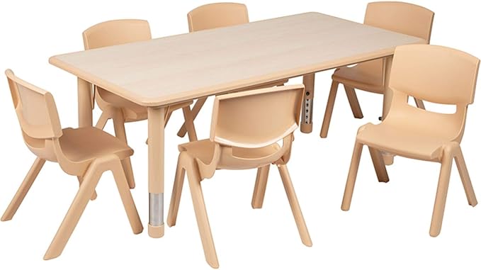 Flash Furniture Emmy Adjustable Classroom Activity Table with 6 Stackable Chairs, Plastic Activity Table for Kids, 23.625" W x 47.25" L, Natural-Ruum Studio Home
