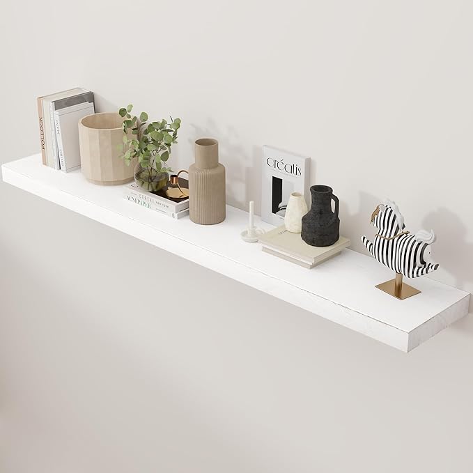 Floating Shelves for Wall, Rustic Elm Wood 56'' W x 8" D Wall Shelf with Invisible Bracket, Large Long Wall Mounted Storage Shelves for Living Room, Bedroom, Kitchen, Bathroom Decor, White Wash-Ruum Studio Home