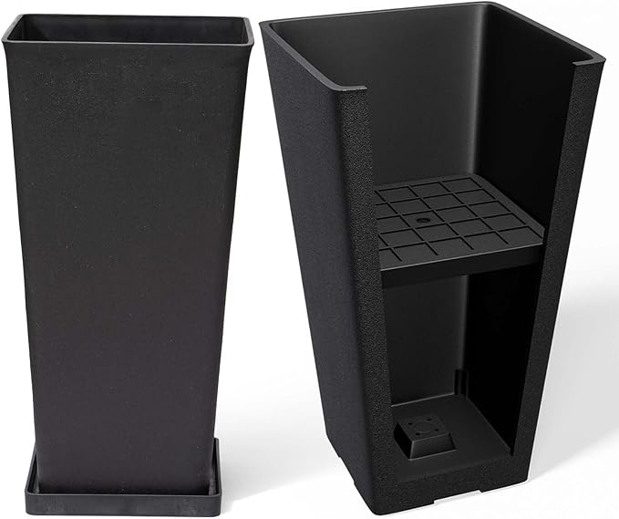 LA JOLIE MUSE 26 inch Tall Black Planters for Outdoor Plants,Set of 2 Tapered Planters with Trays,V-Shape Rectangular Garden Planters for Front Door, Patio and Deck-Ruum Studio Home