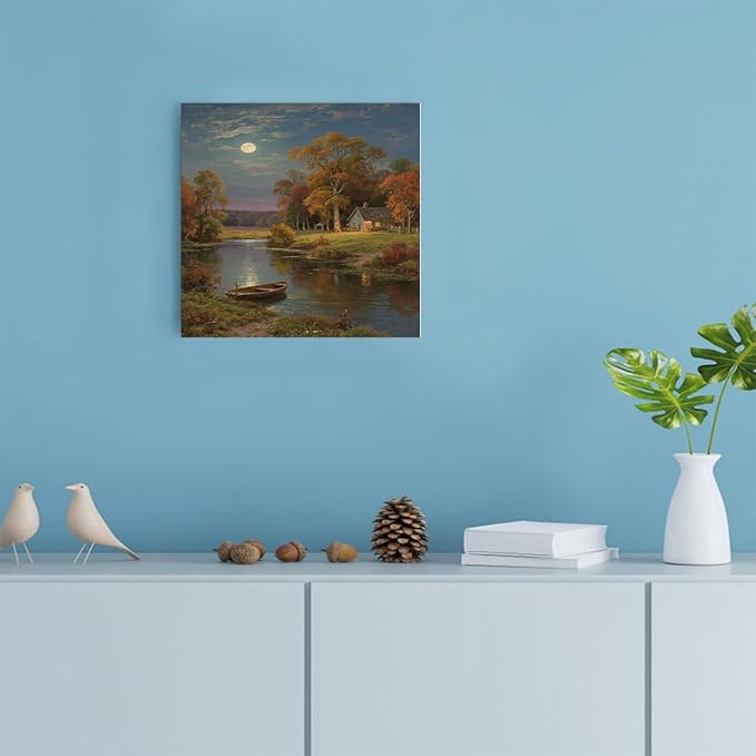 Small house by the stream under the moonlight tranquil style suitable for living room bedroom and office landscape poster wall art-Ruum Studio Home