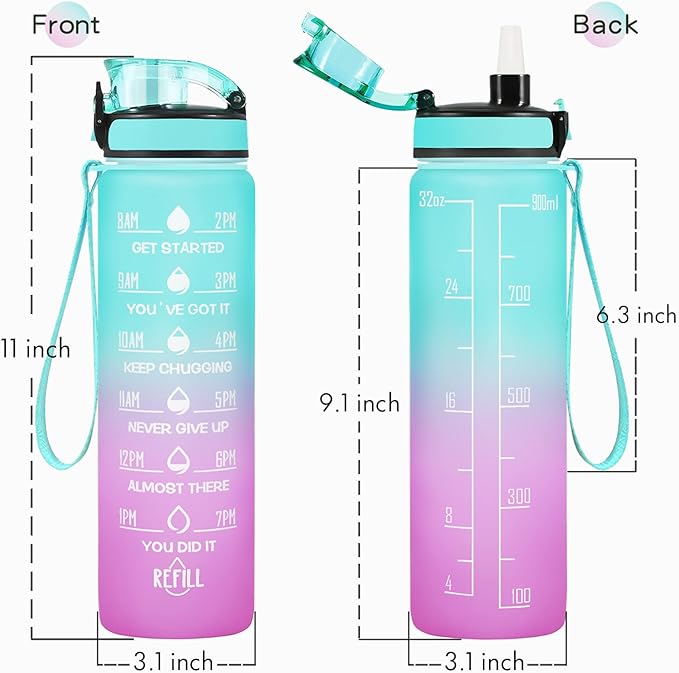 Enerbone Water Bottle, Leakproof BPA & Toxic Free, Motivational Water Bottle with Times to Drink and Straw, Fitness Sports Water Bottle with Strap for Office, Gym, Outdoor Sports-Ruum Studio Home