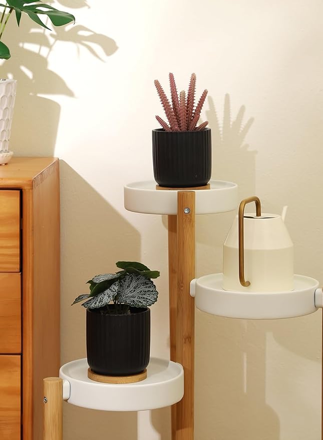 TAMAYKIM 4 Inch Small Cylinder Ceramic Plant Pots with Drainage Holes, Modern Indoor Planters with Tray for Aloe, Succulent, Snake Plants, Cactus & Herbs, Black, Set of 4-Ruum Studio Home