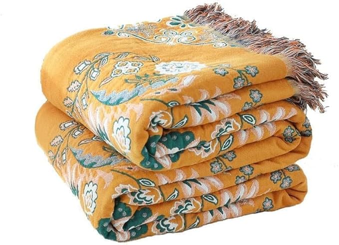 Boho Throw Blanket for Bed,100% Cotton Ultra Soft Lightweight Muslin 4-Layer Breathable Woven Throws 90''x 98'' Blanket Yellow Floral Printed Farmhouse Decor Bed Blankets-Ruum Studio Home