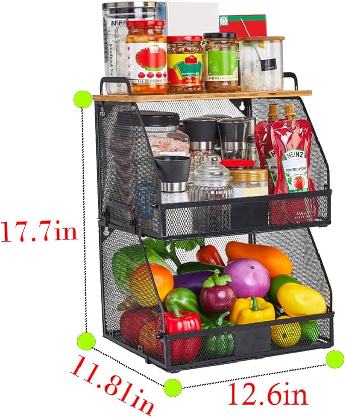 2 Tier Stackable Hanging fruit basket for kitchen counter,hanging Wall baskets with Bamboo Tops & Tag,Wire basket for Cabinet Shelf Countertop Pantry Organizer Bins, onion potato Vegs Bread Organizing-Ruum Studio Home