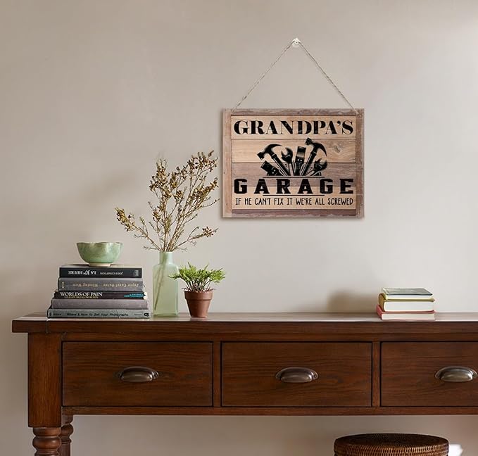 BQL Rustic Wood Sign, Father's Day Gift, Grandpa's Gift, Decor Hanging Wood Sign, 8X10inch, Printed Wood Wall Art Sign, Grandpa's Garage, If He Can't Fix It We're All Screwed-Ruum Studio Home