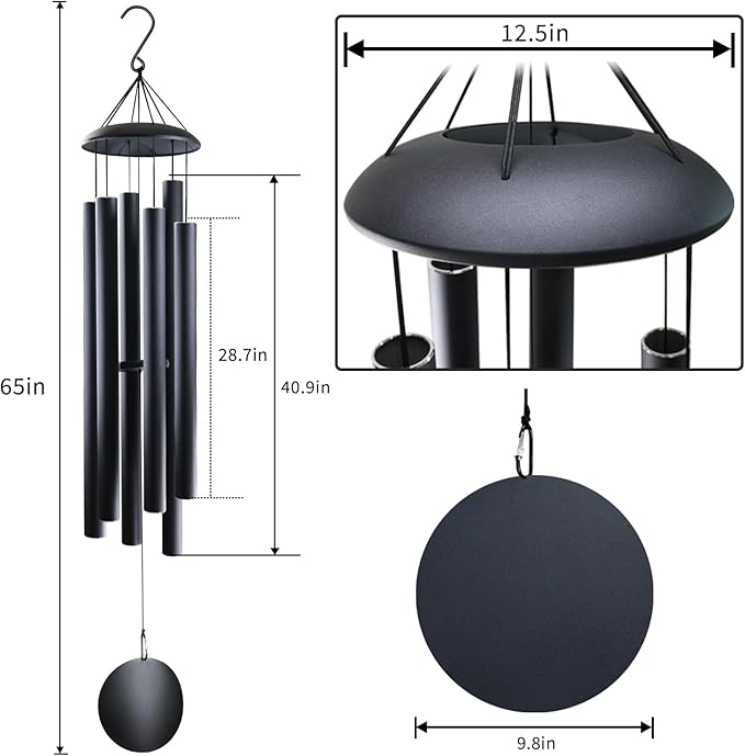 ASTARIN 65 in Wind Chimes for outisde - Extra Large Outdoor Handcrafted WindChimes,Deep Tone Metal Chimes for Garden Decor, Large Windchimes Deep Resonance, 2.27in Tubes Weather-Resistant, Black-Ruum Studio Home