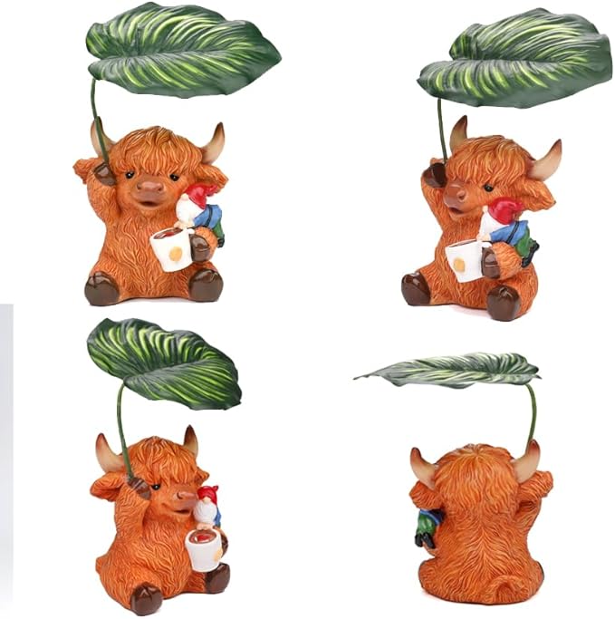 Garden Gnome with Highland Cattle 6.5“ Figurine Ornament for Indoor Outdoor Home Patio Yard Lawn, Red Hat, Blue Outfit, Indoor Outdoor Decorative Statue-Ruum Studio Home
