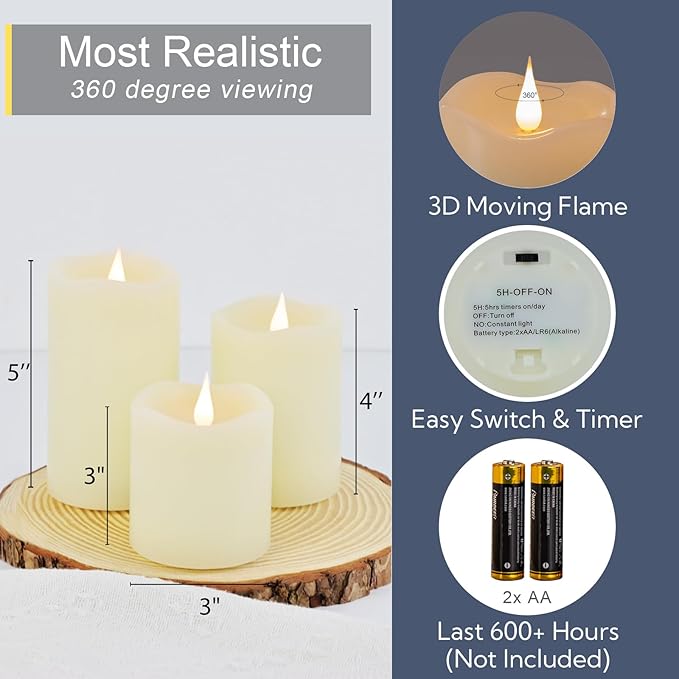 Flameless Candles Battery Operated with Remote Timer, 3D Moving Flame Flickering, Last 600+ Hours Battery Candles, Set of 3 Ivory Real Wax Electric LED Candle for Wedding Party Decor