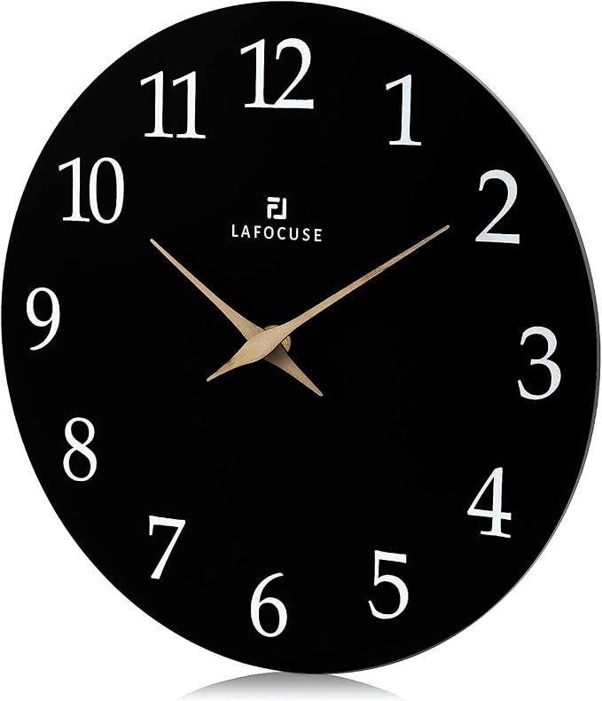 Lafocuse 12 Inch Silent Black Wall Clock Battery Operated for Living Room Decor, Simple Minimalist Wooden Wall Clock for Kitchen Bedroom Office-Ruum Studio Home