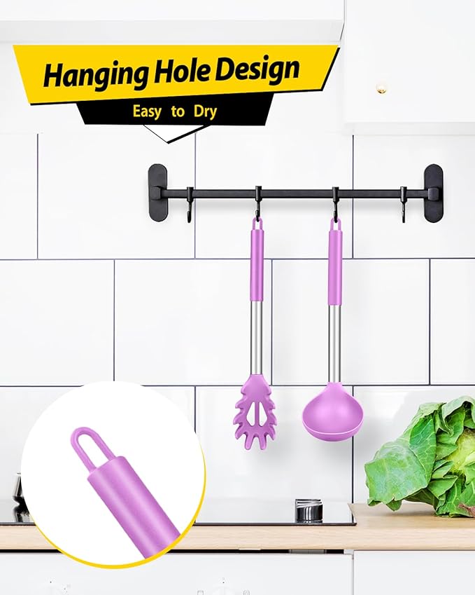 Silicone Pasta Fork and Ladle Spoon Set, Large Non Stick Kitchen Utensils for Cooking,Stirring,Serving Spaghetti, Soup, Sauce (PURPLE)-Ruum Studio Home