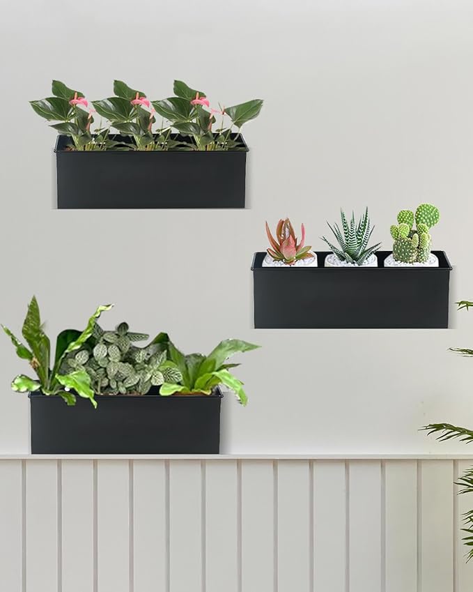vensovo Metal Wall Hanging Planter Boxes – 12" Rectangle Flower Pots, 3 Pack with Drainage, Durable Galvanized Finish for Indoor Outdoor Balcony Fence Windowsill, Black-Ruum Studio Home