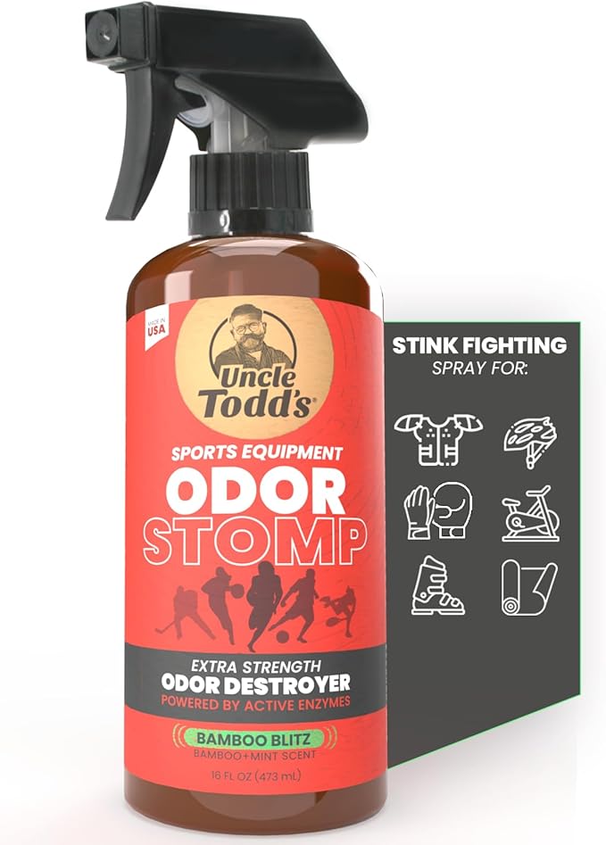 Uncle Todd’s Odor Stomp Sports Equipment Odor Eliminator Spray - Extra Strength Enzyme-Powered Deodorizer for Football, Hockey, Gym Bags, and Athletic Gear - Bamboo Blitz Scent - 16 oz-Ruum Studio Home