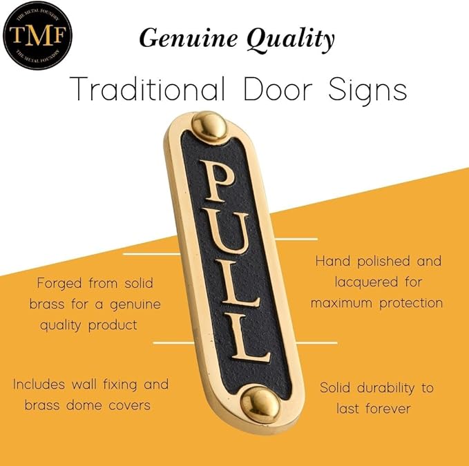 PULL Brass Door Sign. Traditional Style Home Décor Wall Plaque Handmade By The Metal Foundry UK.-Ruum Studio Home