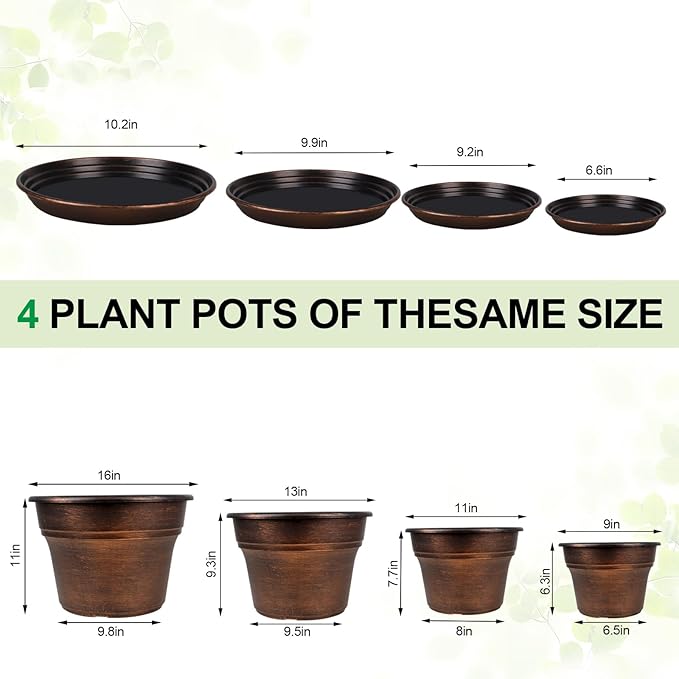 Plant Planters Pots Set of 4 Pack 13 Inch，Large Plastic Flower Pot for Indoor Plants with Drainage Holes & Trays, Resin Decorative Container Sets with Saucer for House Outdoor Garden Plant Copper-Ruum Studio Home