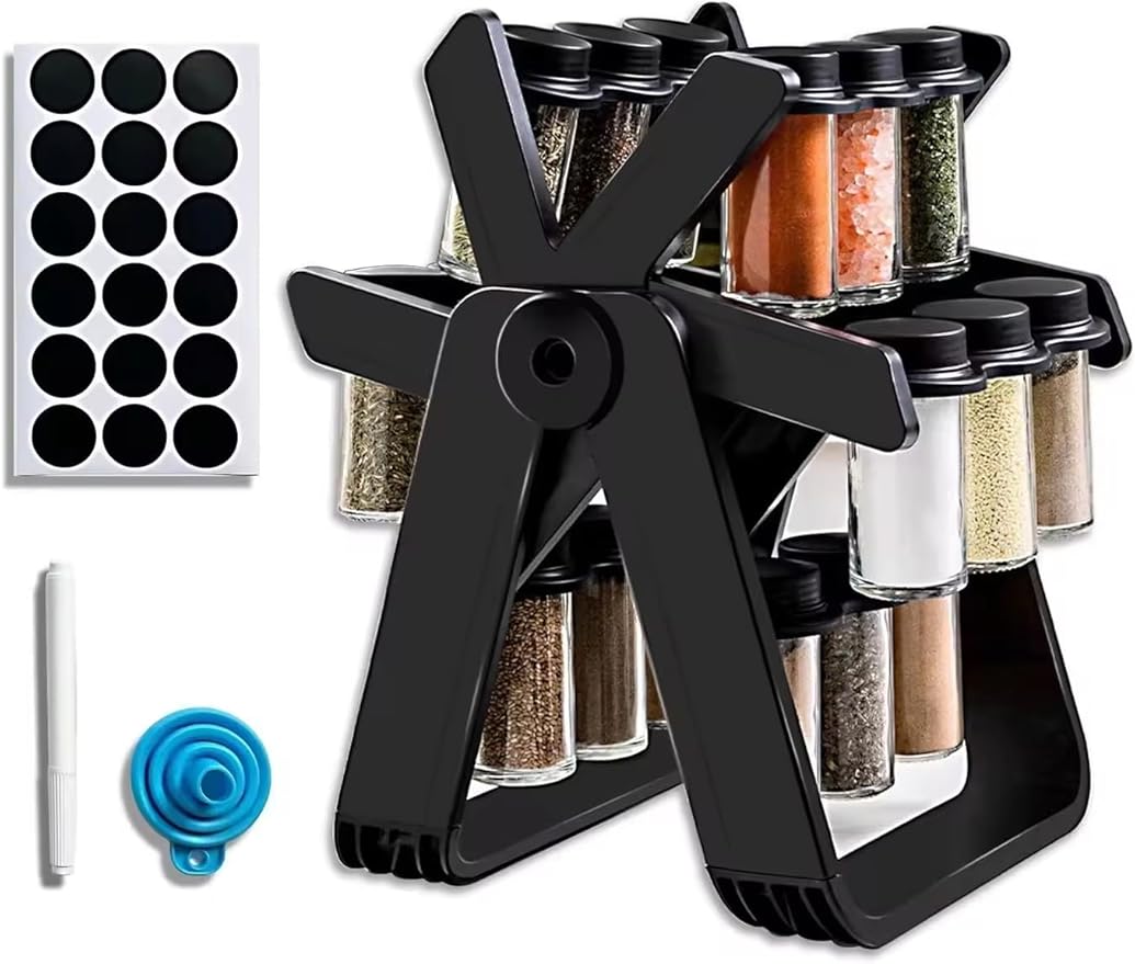 A&K's Rotating Spice Rack Organizer, 18 Glass Jars, 360-Degree Turntable, Black, Comes with Spice Label Stickers, Funnel, and Water Pen. Best for Kitchen Organization, Countertop, Pantry, and Cabinet.-Ruum Studio Home