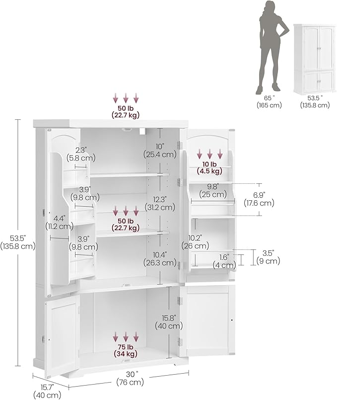 VASAGLE Pantry Cabinet, 53.5-Inch High Freestanding Tall Cupboard Storage Cabinet, 2 Cabinets, 2 Adjustable Shelves, 6 Door Shelves, for Living Room, Kitchen, White UBBC671W01-Ruum Studio Home