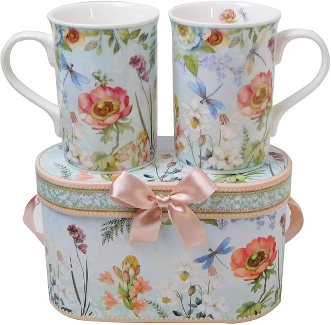 Lightahead Elegant Bone China Two Coffee Mugs Set in Floral Design 10.8 oz Each Cup in Attractive Gift Box-Ruum Studio Home