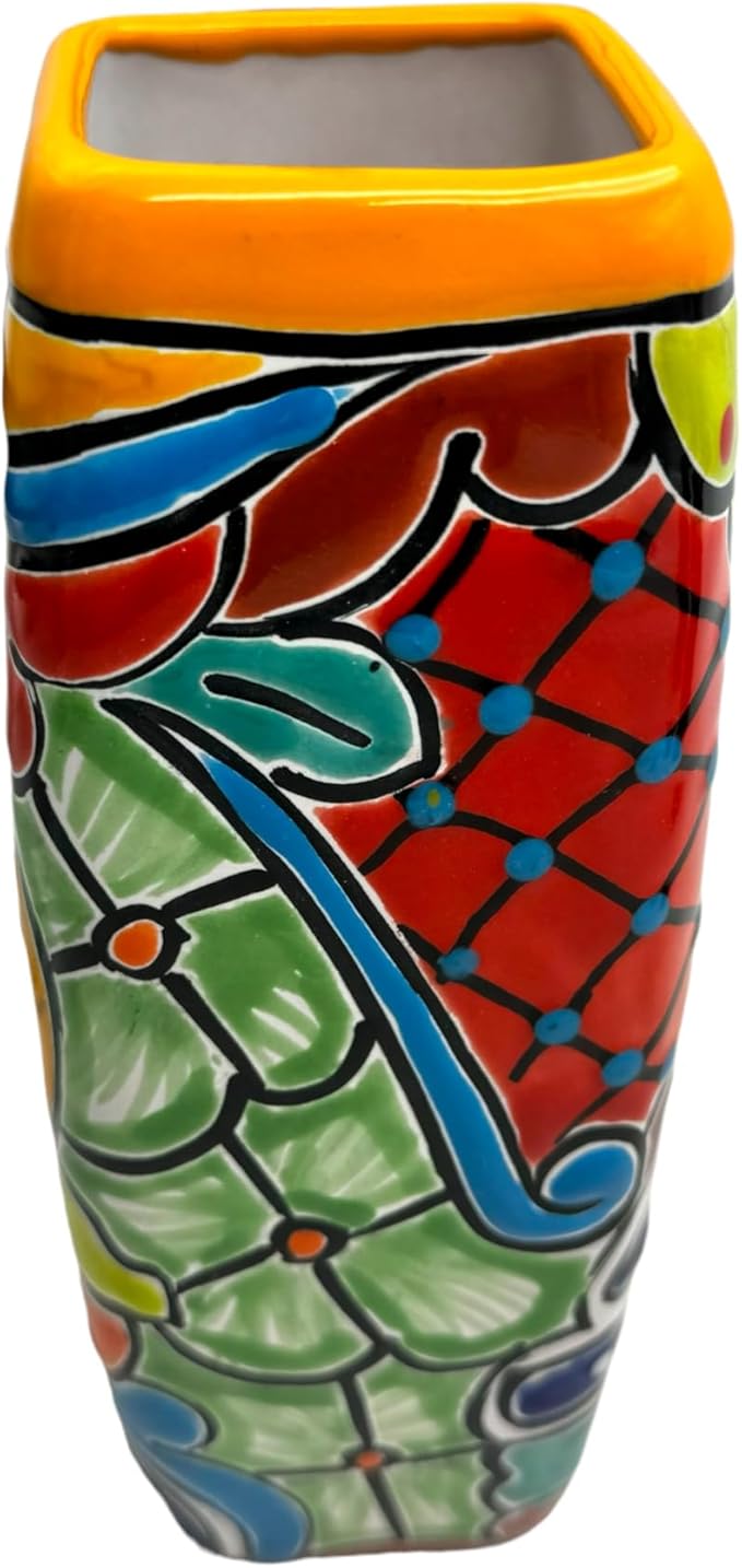 Talavera Planter Pot Square Vase Folk Art Mexican Pottery Handmade Hand Painted Home Decor Indoor Multicolor Outdoor 9.25" (Yellow Multi)-Ruum Studio Home