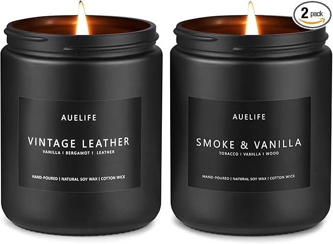 2 Pack Men Candles | Smoke & Vanilla + Vintage Leather - Scented Candles for Men - Masculines Candle - Soy Candle for Home Scented, Man Gifts, Black Jar - 7oz-Ruum Studio Home