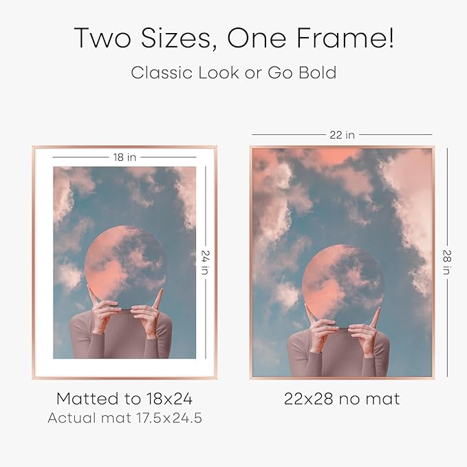 Homeforia 22x28 Rose Gold Picture Frame, High End Metal 22x28 Poster Frames with Mat 18x24 inch Photo, 22 x 28 Thin Frame Matted to 18 x 24 Print, 28x22 Large Frame, Tempered Glass, Wall Kit, Set of 1-Ruum Studio Home