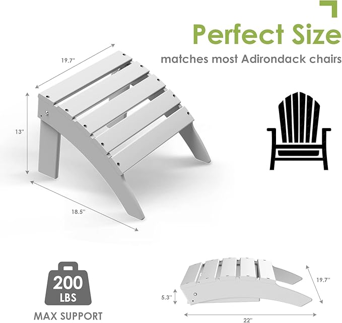 GREENVINES Adirondack-Ottoman | HDPE Plastic | Outdoor Footrest | All Weather | Foot Rest | Foot Stool | White | for Adirondack Chair | for Patio Backyard Pool-Ruum Studio Home