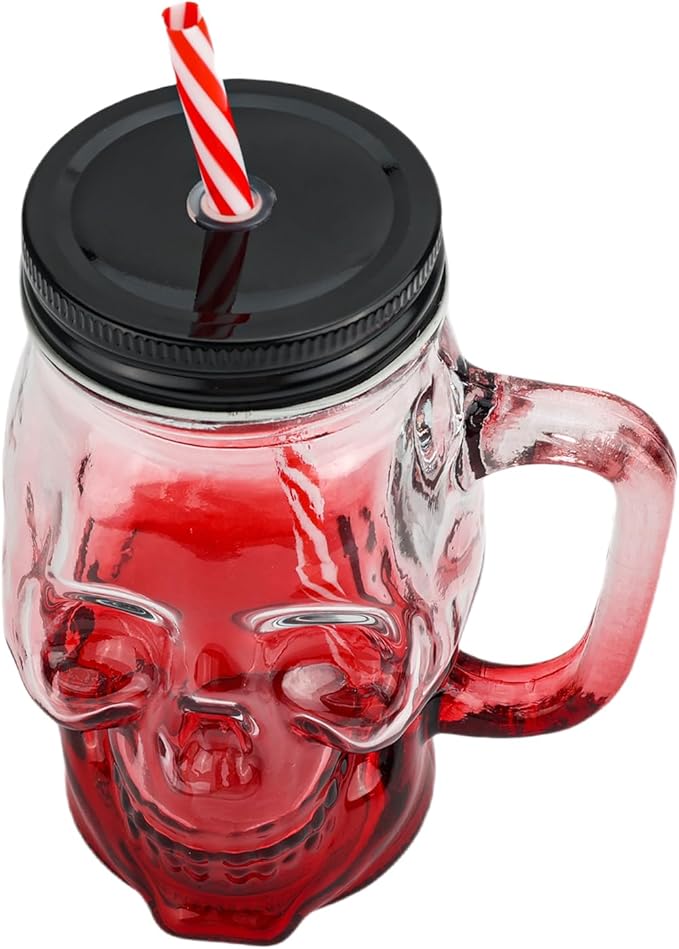 Halloween Cups Set of 4 - Skull Mason Jar with Lids Straws and Handle - Colorful Drinking Glasses for Halloween Party Bar Decor, 16 oz-Ruum Studio Home