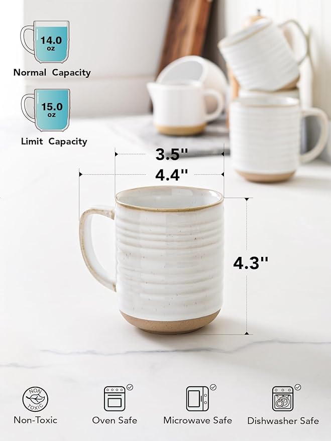 LE TAUCI Coffee Mugs 15 oz,Ceramic Mug Set, Coffee Cups for Latte, Hot Tea, Cappuccino, Mocha, Cocoa, Dishwasher Safe, Suit For Housewarming Wedding- 3.5 inch, Set of 4, Arctic White-Ruum Studio Home