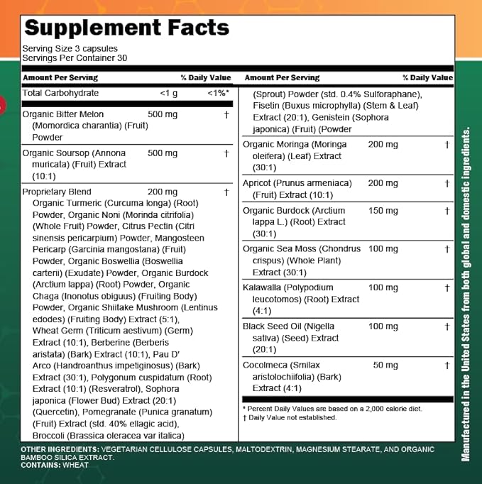 Clean Nutra Soursop Supplement Moringa Sea Moss Black Seed Oil Berberine Turmeric Resveratrol Quercetin Greens Bitters Boswellia Bitter Melon Burdock Root Antioxidant Support 90 Capsules-Ruum Studio Home