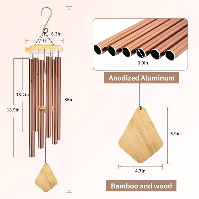 Wind Chimes Outdoor, Deep Tone Memorial Wind Chimes with Hook, Gifts for Mother's Day/Housewarming/Christmas, Patio, Garden, Yard, Home Decor, Copper-Ruum Studio Home