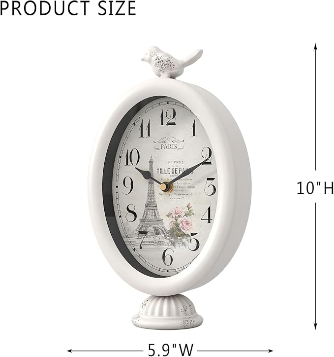 Vintage Table Clock with Bird, Desk and Shelf Decor Clock, French Paris Style, Antique White Metal Mantel Clocks for Living Room, Farmhouse, Bedroom, Bedside, Gift (10" H x 5.9" W)-Ruum Studio Home