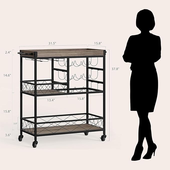 Gizoon Rolling Bar Cart, a Versatile Beverage Cart with a Removable Tray, 12-Bottle Wine Rack, and Glass Holder, The Bar Cart is Perfect for Kitchen, Dining Room, or Outdoor Use (Gray)-Ruum Studio Home