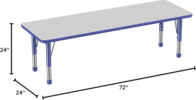 FDP Rectangle Activity School and Classroom Kids Table (24 x 72 inch), Chunky Toddler Legs, Adjustable Table Height 15-24 inches - Gray Top and Blue Edge-Ruum Studio Home