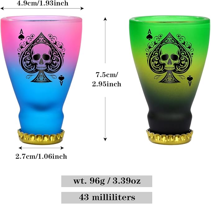 Spades Skull Pattern Glass Shot Glasses, Unique Wine Bottle Shot Glass, 43ml Shot Cups Set of 2 with Gift Box for Alcohol Shots, Vodka, Expresso, Tequila & Dessertsor, Gothic Christmas Gift-Ruum Studio Home