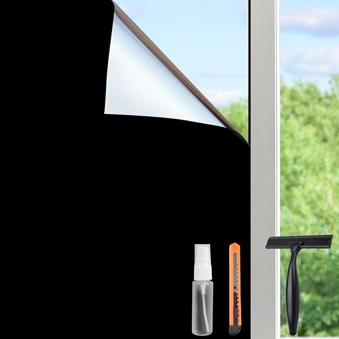 HIDBEA Mirror Blackout Window Film,100% Light Blocking Room Darkening Window Privacy Film,Mirror Glass Window Film Heat Control,Removable Window Cover Tint for Day Sleep(Mirror Black,17.3in x 13.1ft)-Ruum Studio Home