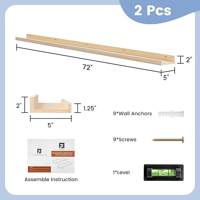 Picture Ledge Shelf, Floating Shelves Set of 2, Solid Pine Wood 72'' Long Large Nursery Book Shelves for Toys Storage, Kids Bookshelf for Living Room Bedroom Decor Books Photo Frames, Natural-Ruum Studio Home